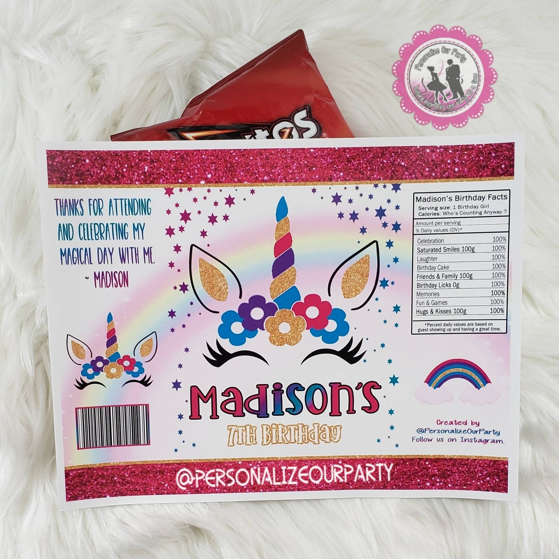 Rainbow Unicorn chip bag/wrappers-unicorn party favors-unicorn birthda –  Personalize Our Party